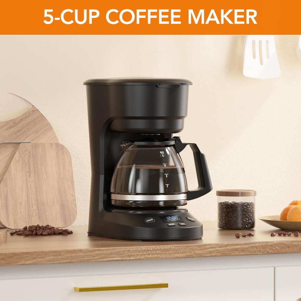 5-Cup Drip Coffee Maker, a compact coffee machine with a digital clock and 24...