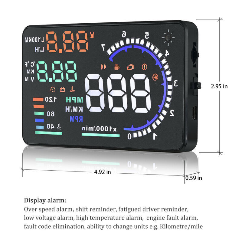 Car Digital OBD2 Speedometer Head Up Display Overspeed Tired Speed Temp Warning