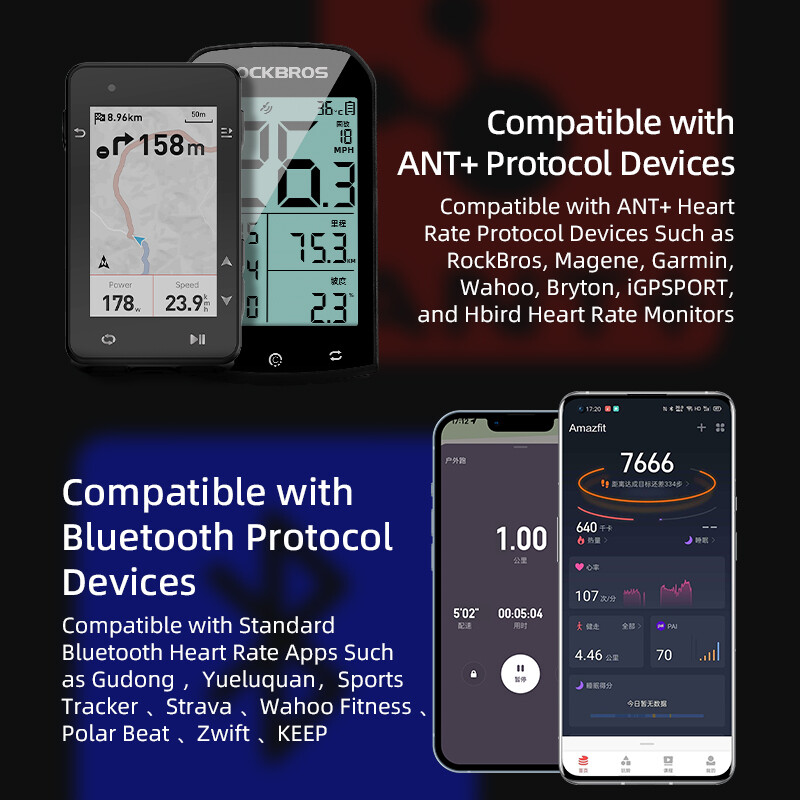 ROCKBROS Bike Wireless Computer GPS Heart Rate Monitor ANT+ Smart Speedometer
