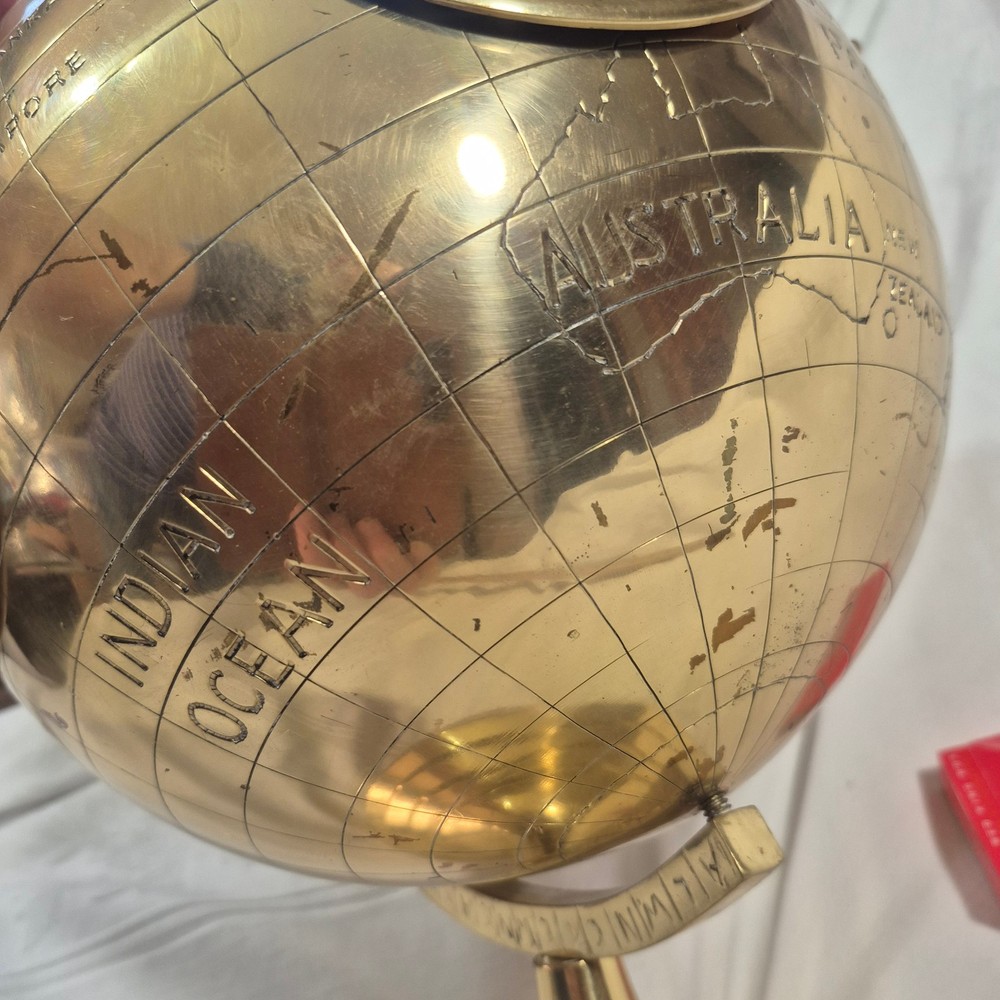 16" BRASS 5 WORLD CLOCKS SPINNING GLOBE