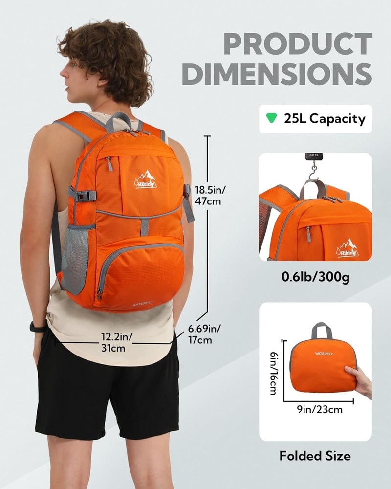 Lightweight Hiking Daypack - 25L Packable Backpack with Organizational Pockets
