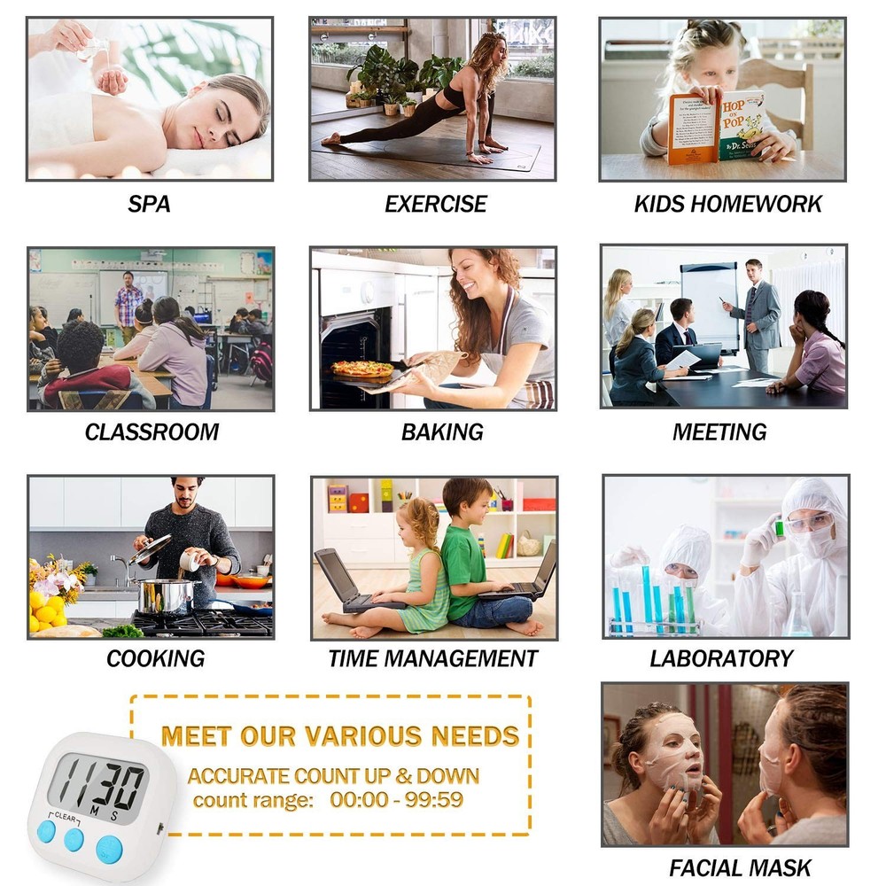 Digital Kitchen Timer with Display – for Cooking, Baking, and Grilling (White)