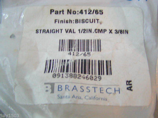 Biscuit Brasstech 412/65 Straight Valve 1/2 Compression X 3/8 comp Unopened Bag