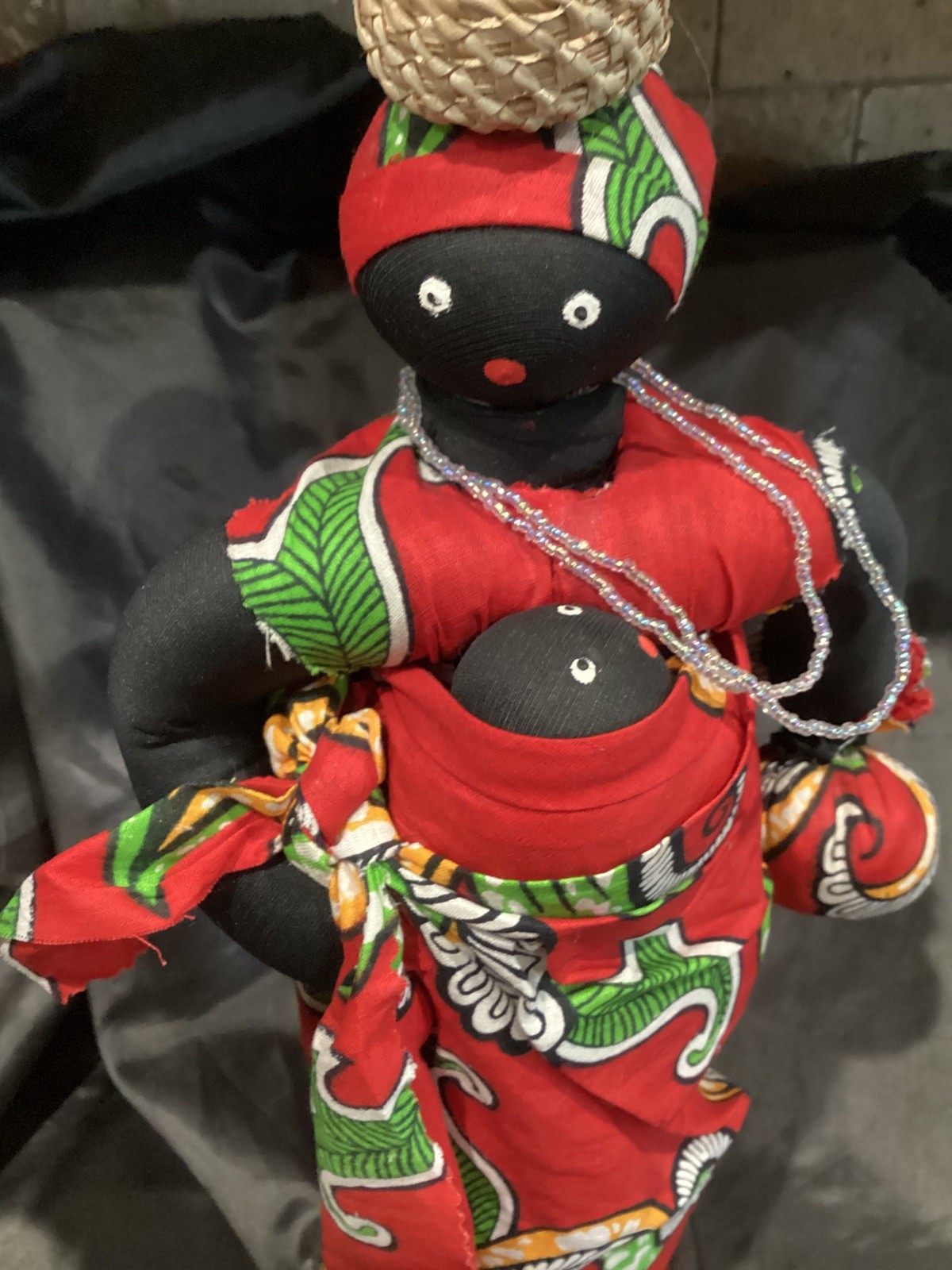 TALL AFRICAN SAHAHA MOTHER N BABY DOLL CLOTH TRIBAL DRESS 16”T W BASKET N BEADS