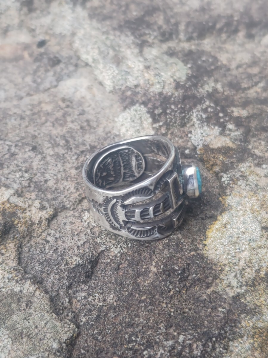 Handmade Indian Swastika Ring Turquoise Stampwork Jewelry Used From Japan