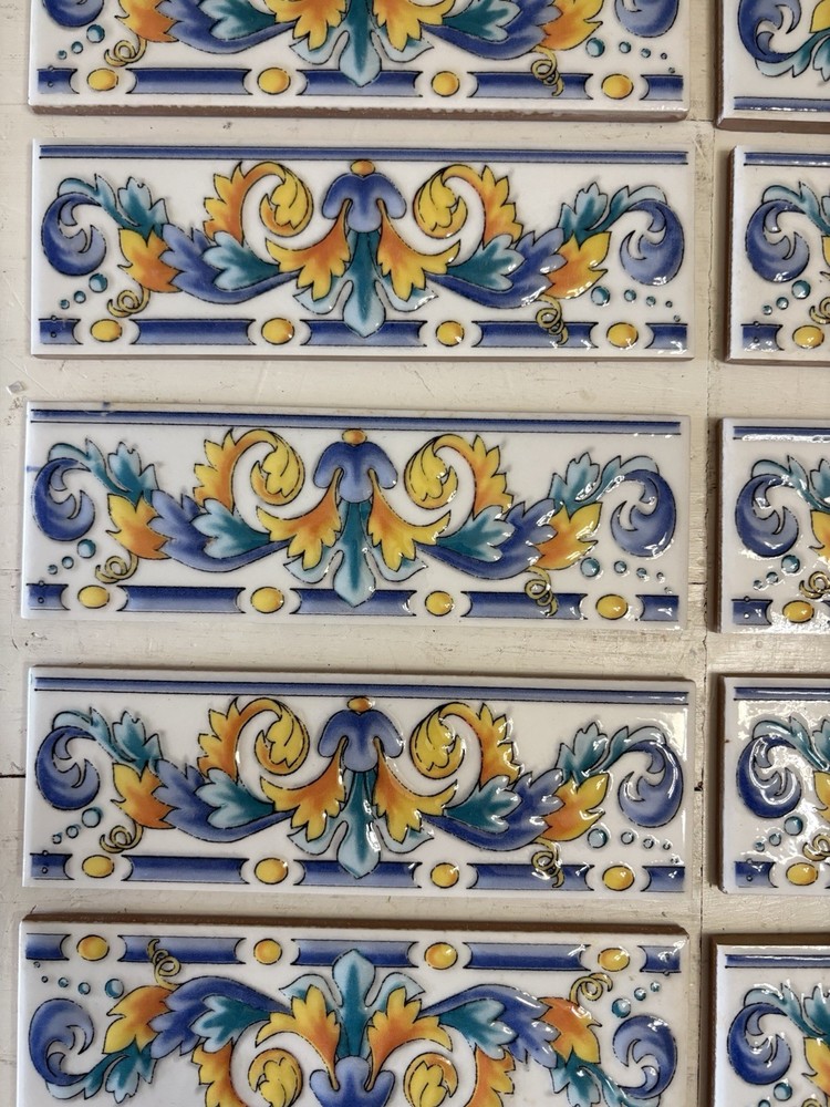 Lot - 10 Listello Tile Border Liner Yellow Orange Blue Scroll Pattern Wall Tiles