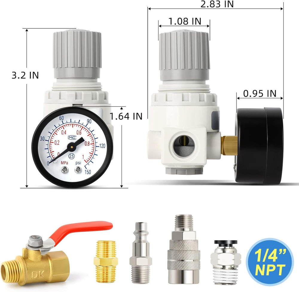 1/4" NPT Air Compressor Regulator with Gauge - 0-150 PSI AR2000 Inline Tool