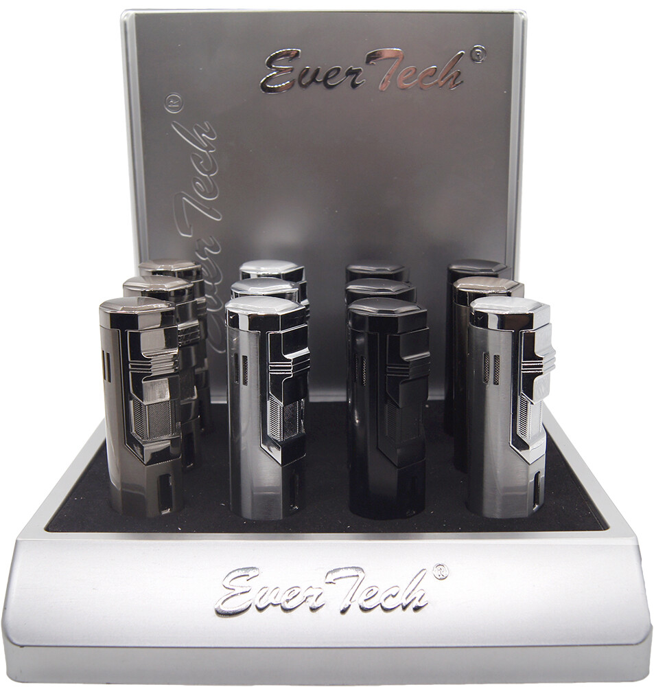 Triple Jet Torch Table Lighter Flue Butane Adjustable Flame Refillable w/ Punch