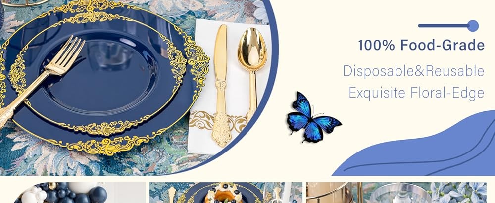 Blue Plastic Plates - Blue Gold Plastic Dinnerware Set Disposable