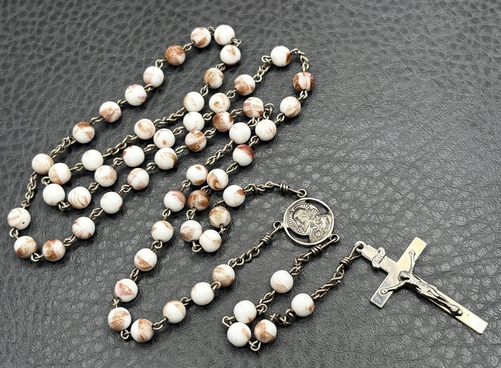 VTG AF Co Sterling Silver White Glitter Glass Catholic Rosary Beads Crucifix
