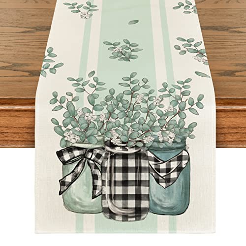 Buffalo Plaid Eucalyptus Vases 13" x 72", Table Runner Eucalyptus/Stripes