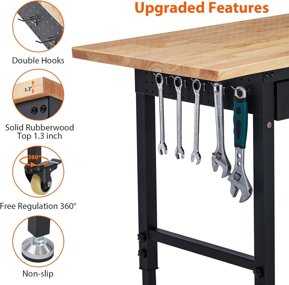 60"x 22" Workbench Adjustable Height Worktable 2000 lbs w/ Power Outlet & Drawer