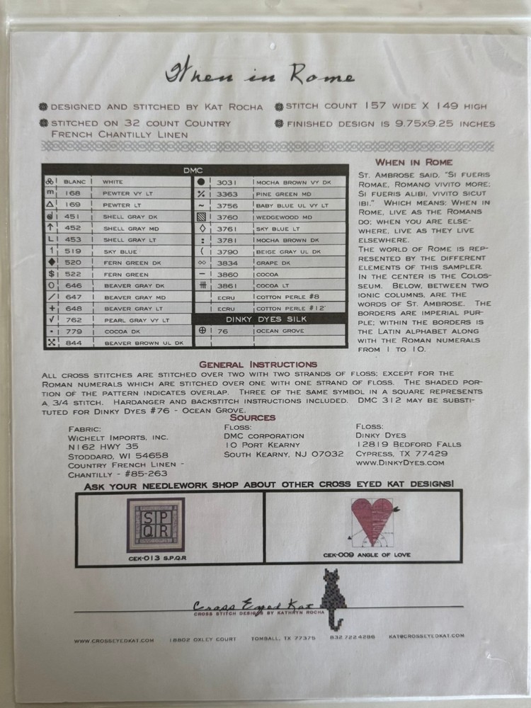 Cross Eyed Kat Cross Stitch Sampler Pattern WHEN IN ROME Kat Rocha