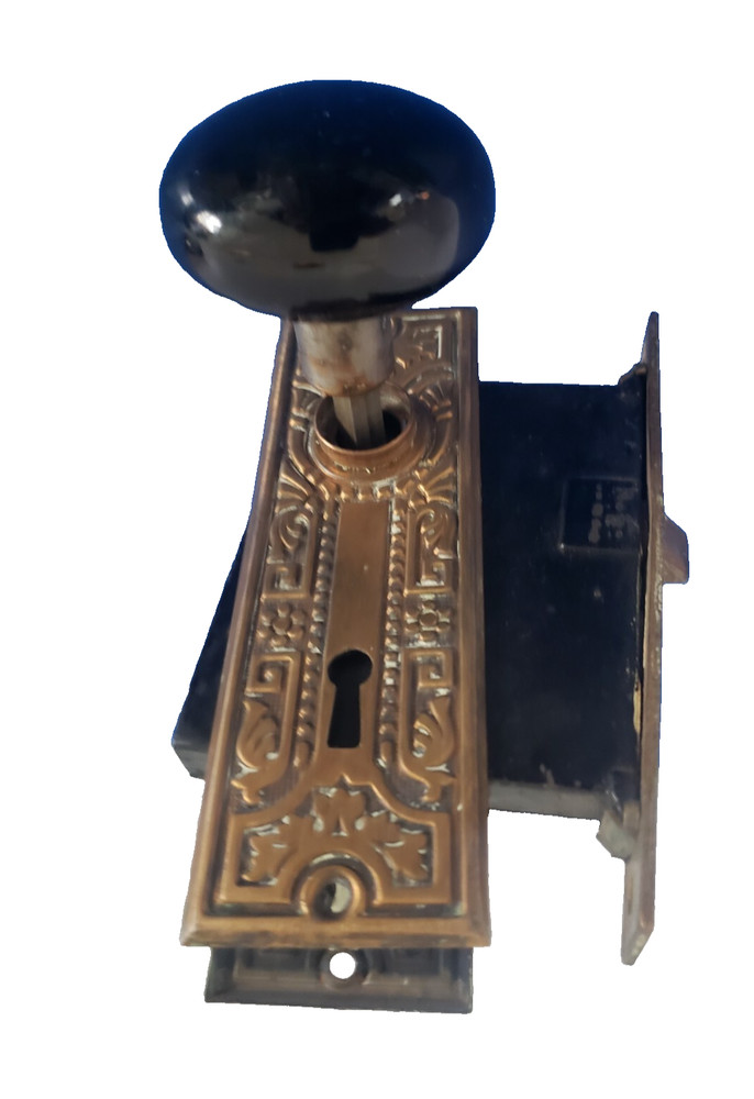 Antique Door Set Victorian / Brass Backplate Knob Mortise Lock Black Knobs