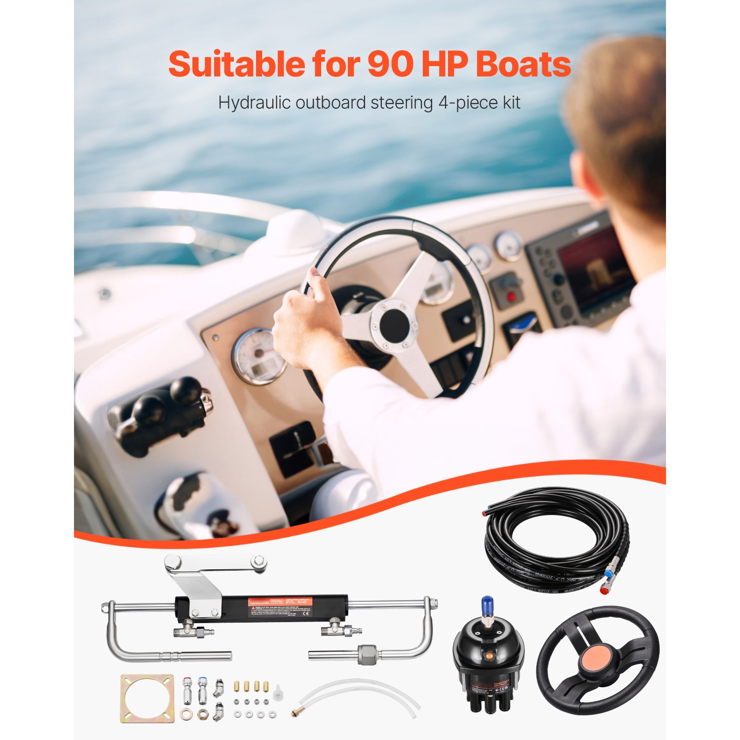 90HP Hydraulic Outboard Steering Kit 2x26ft Hoses Marine Boat Steering System