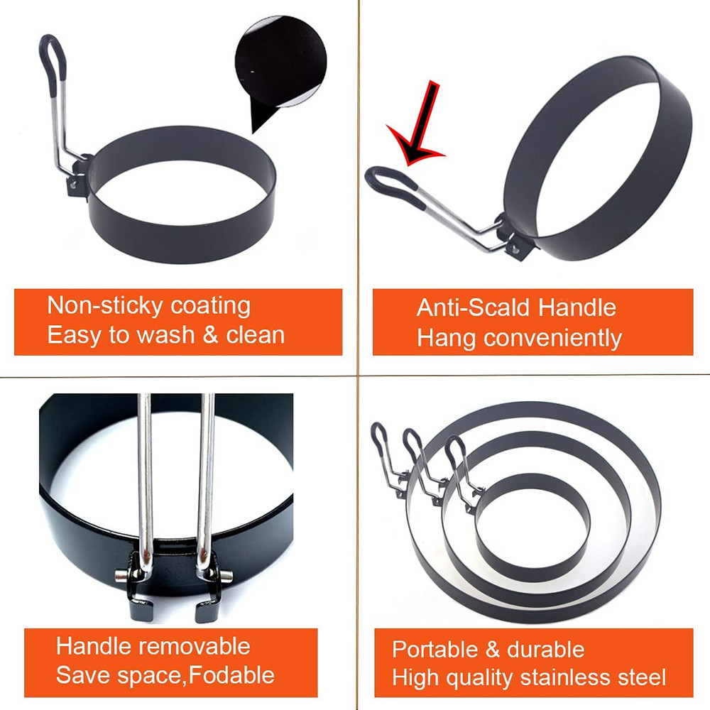 Stainless Steel Egg Cooker Set - 8" Omelette Ring, 6" Pancake Ring, 4" Griddle E