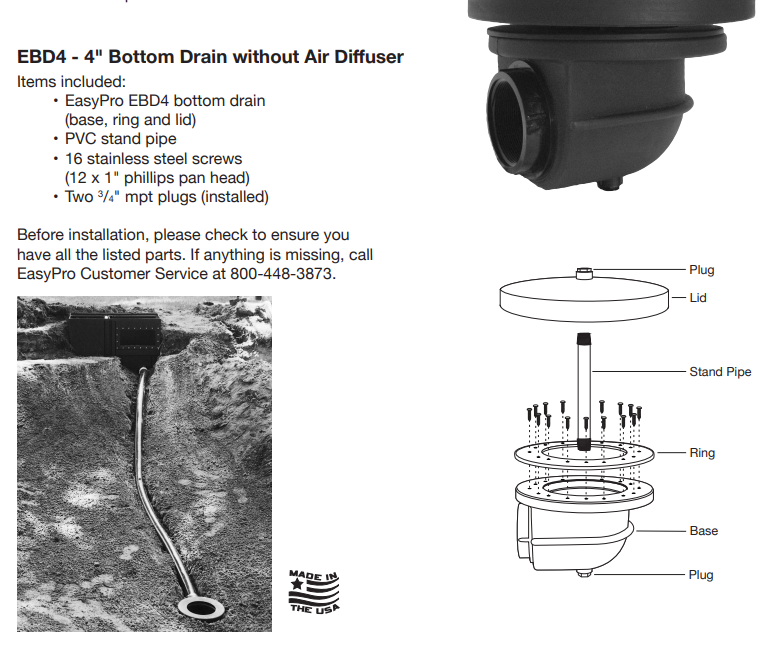 4" Bottom Pond Drain Kit + Bottom Diffuser w/ Fittings. Pond Liner Drain Part