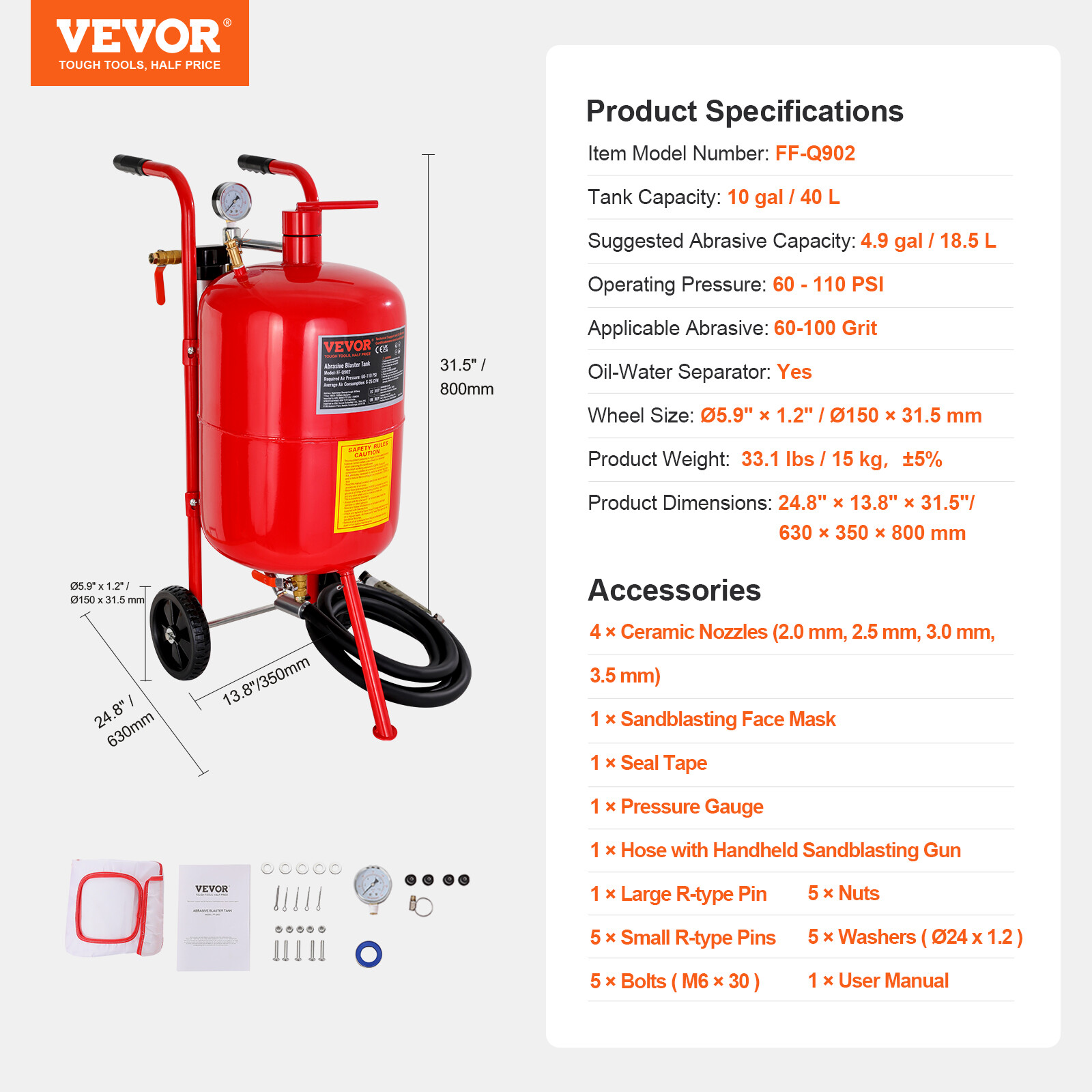 VEVOR 10 Gallon Sandblaster Portable Air Sand Blaster Media Abrasive 60-110PSI
