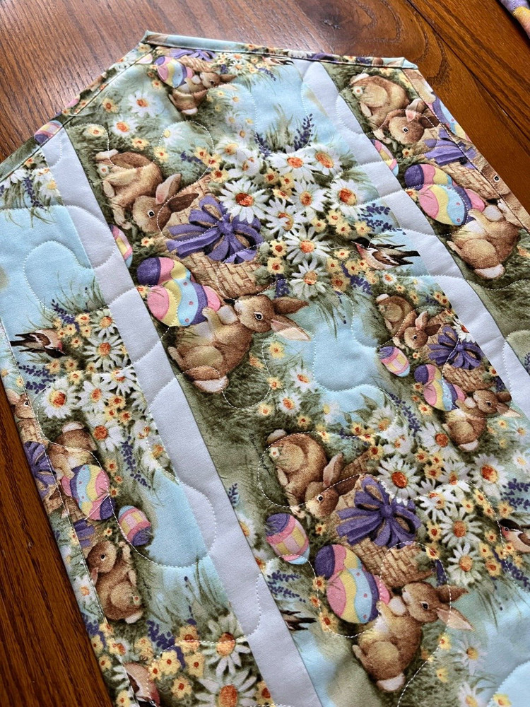Handcrafted-Quilted Table Runner - Easter Eggs, Bunnies with Flowers NEW 2026
