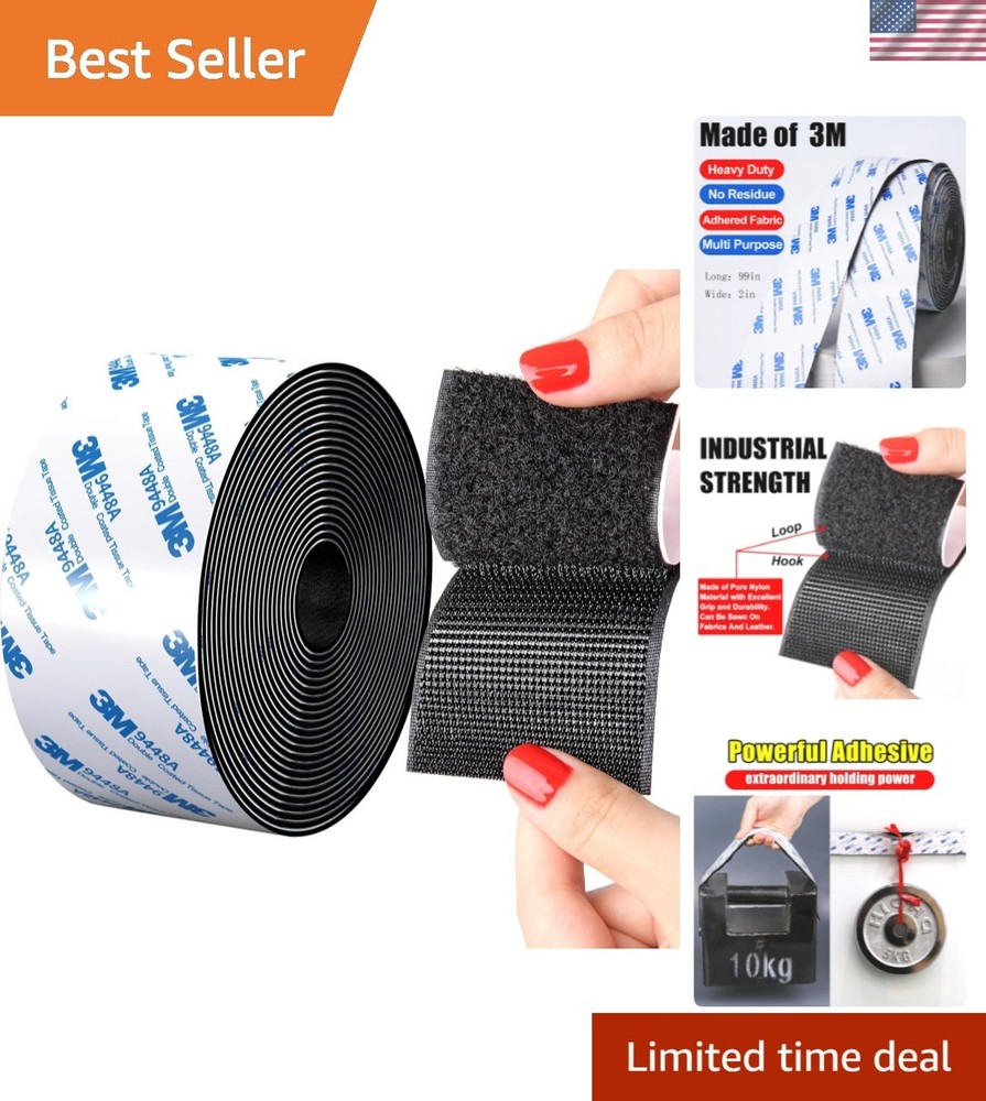 Industrial Strength Black Hook and Loop Tape, 2in x 8.2ft for Versatile Use