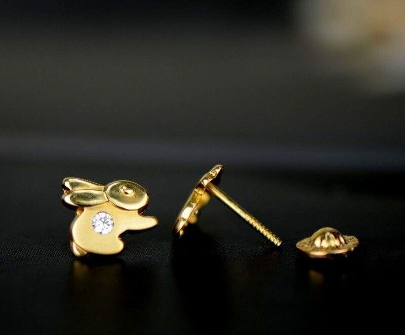 14k Yellow Gold CZ Rabbit Stud Earring