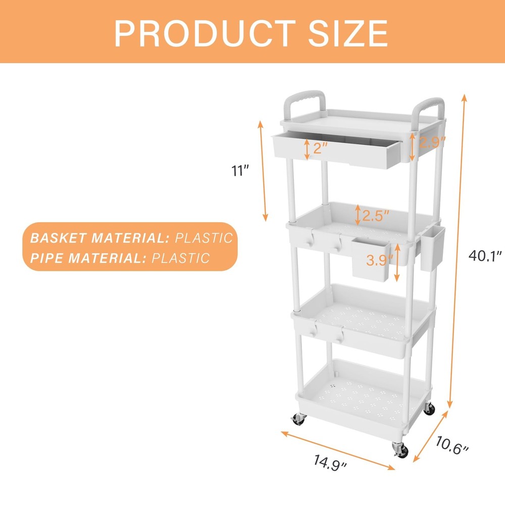 4 Tier Rolling Utility Cart with Drawer Multifunctional Storage Organizer