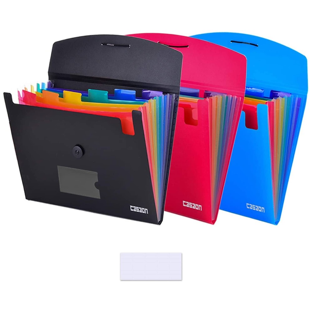 7-Pocket Expanding File 3pcs, Plastic 3Pack-7Pocket, Black , Red, Blue