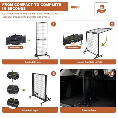 Foldable Grid Wall Panels Display Rack 5.6' x 2' FT, 30 Hooks, Movable Retail St