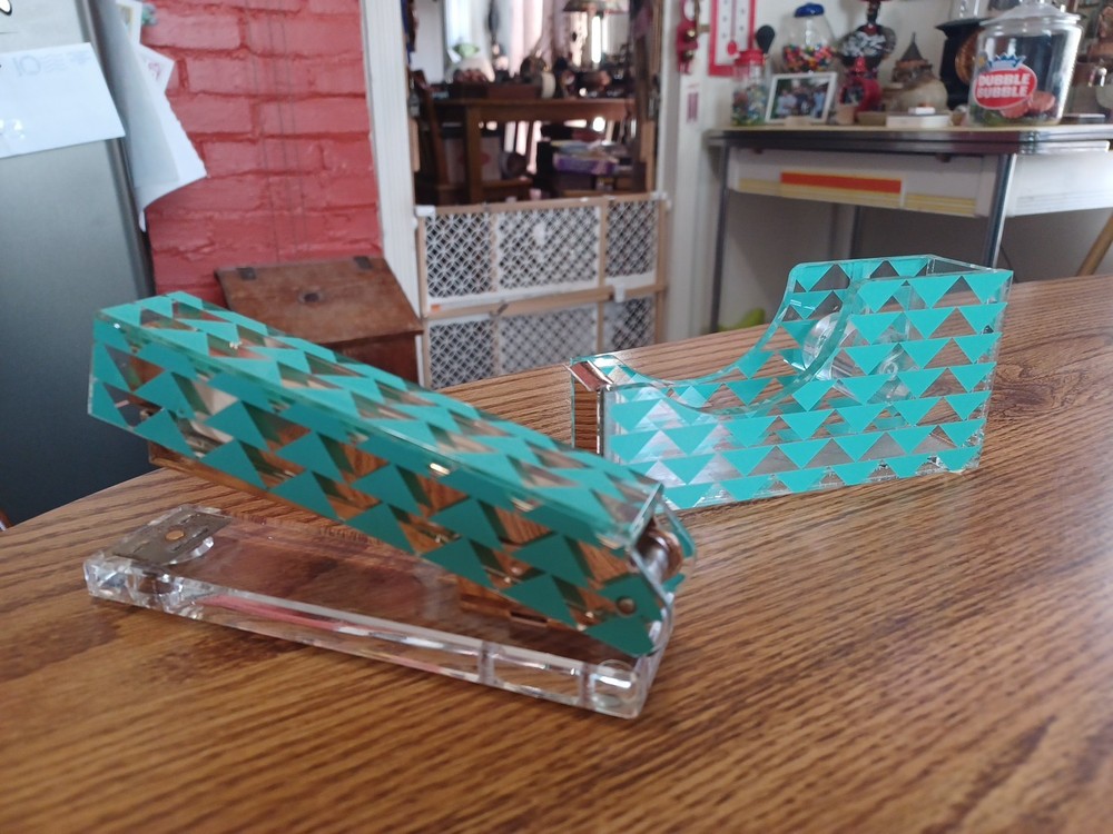 Designer Clear Acrylic Tape Dispenser & Stapler Set - Turquoise Triangle Pattern