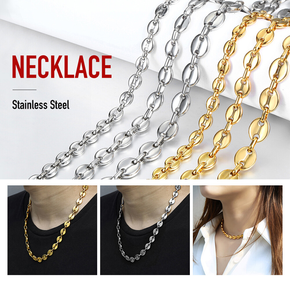 7/9/11mm Men Coffee Beans Marina Link Chain Necklace Gold Plated Stainless Steel