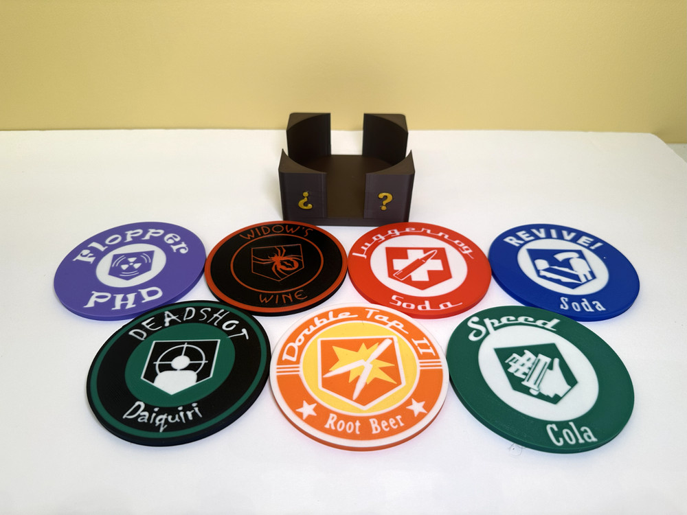 CoD Zombies Full Set Perk Machine Coasters w/ Mystery Box Coaster Holder