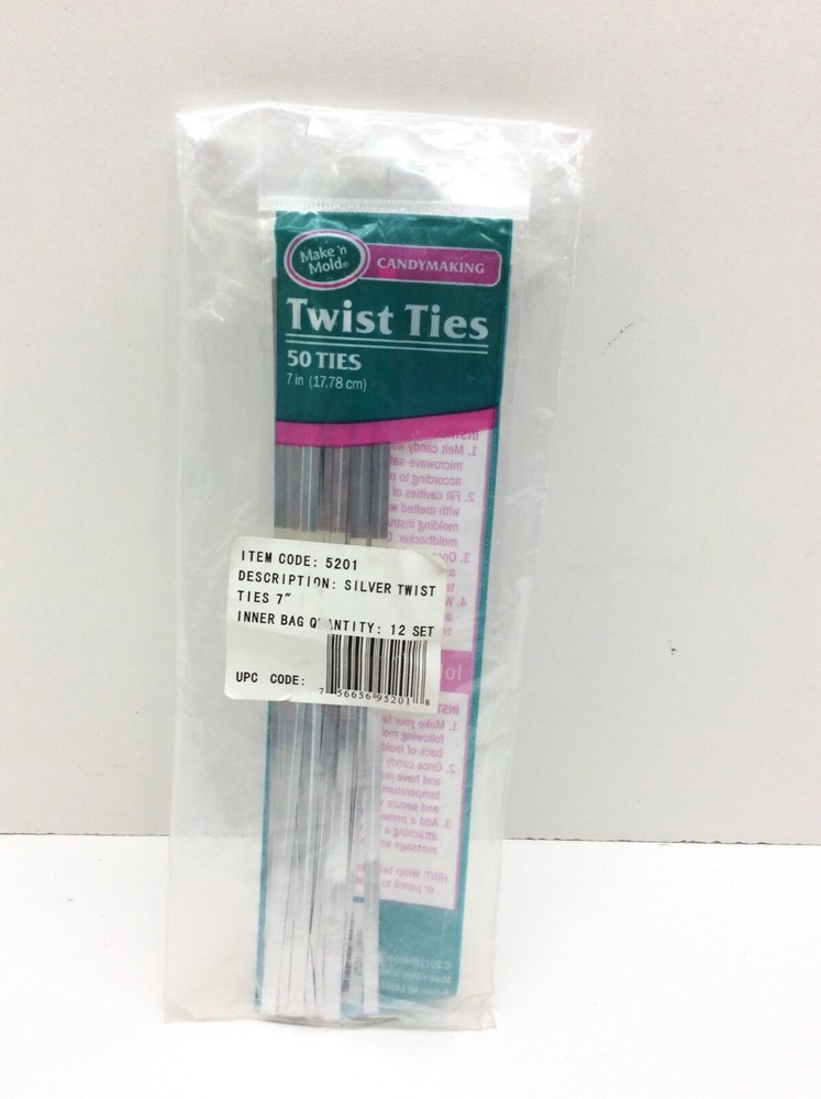 12 - Candymaking Wrap Twist Ties 7" Silver 50 Pack