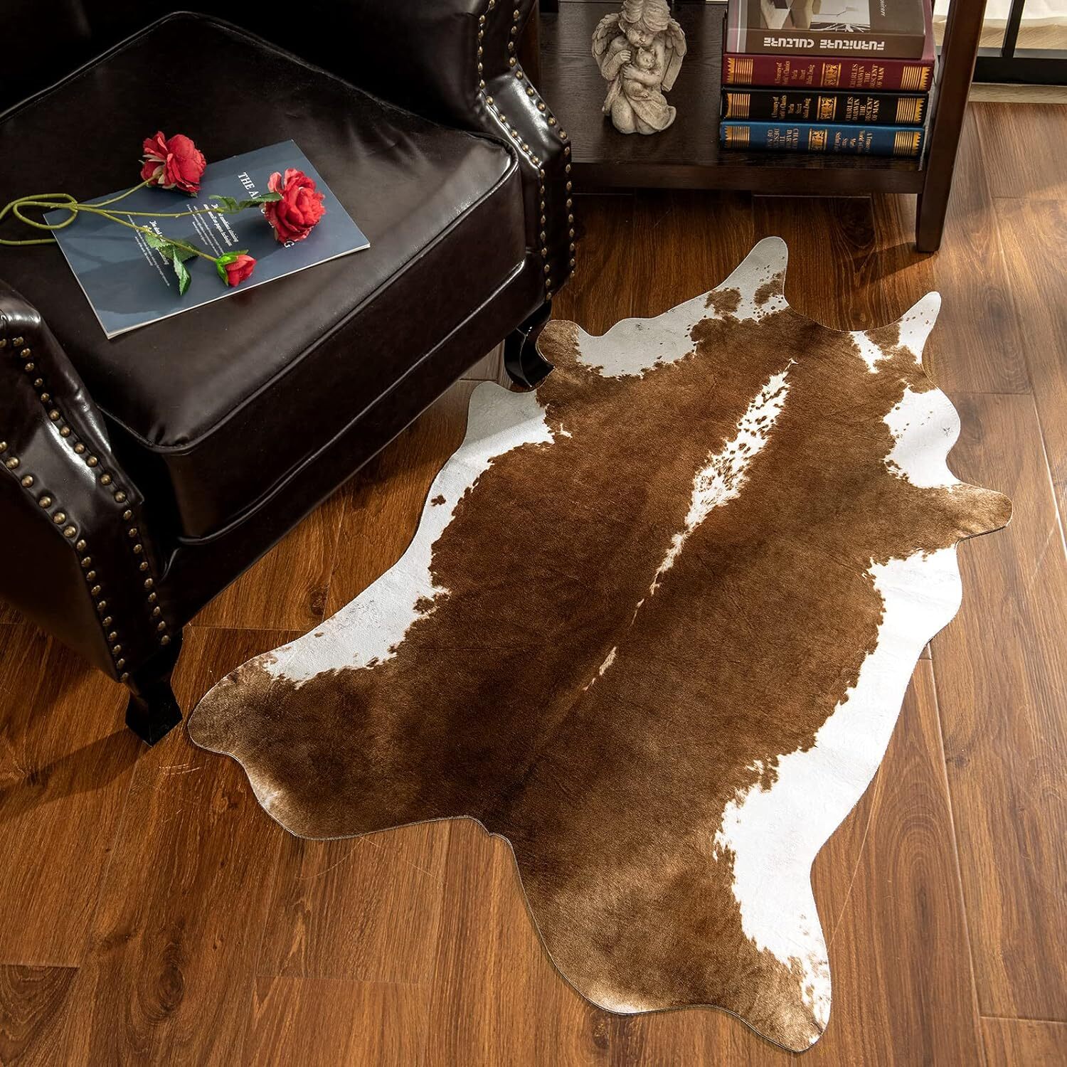 Western Decor Faux Fur Cowhide Rug 4.6 X 5.2 Feet Premium Animal Skin Cow Hide