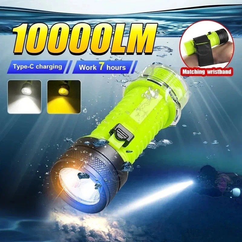 Professional Diving Flashlight Rechargeable Underwater Torch White&Yellow Light