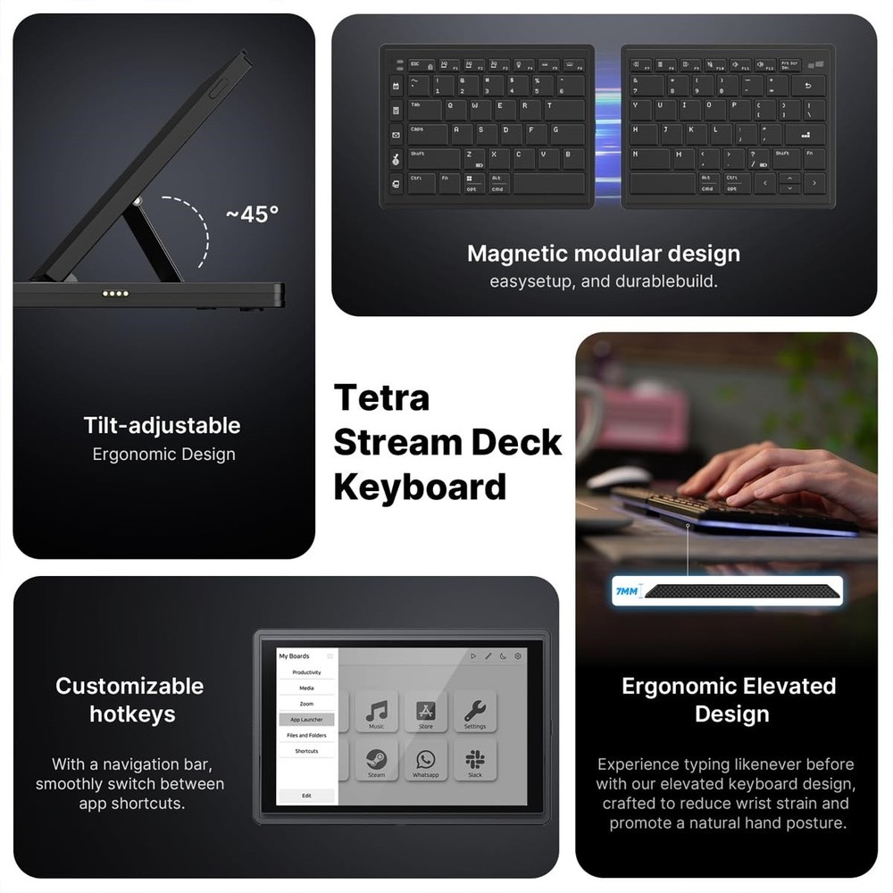 Touchscreen Keyboard with Stream Deck, Split Ergonomic Keyboard+8" Mini Screen
