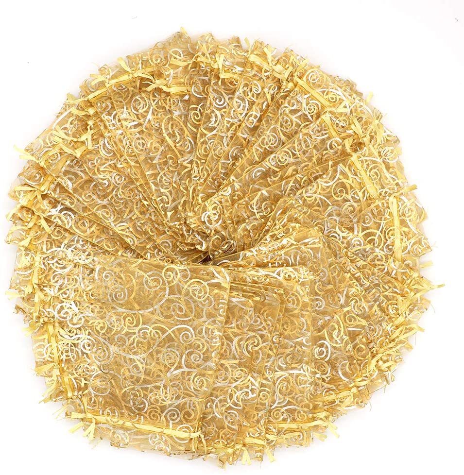 100x Gold Sheer Organza Bags 4x5 Inch Mesh Jewelry Favor Drawstring Gifts Bags