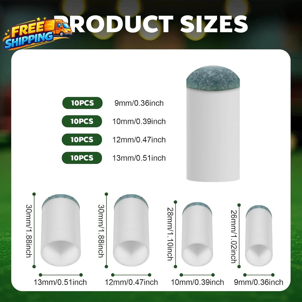 40Pcs Slip on Pool Cue Tips Replacement Kit 4 Sizes Upgrade Pool Stick Tips