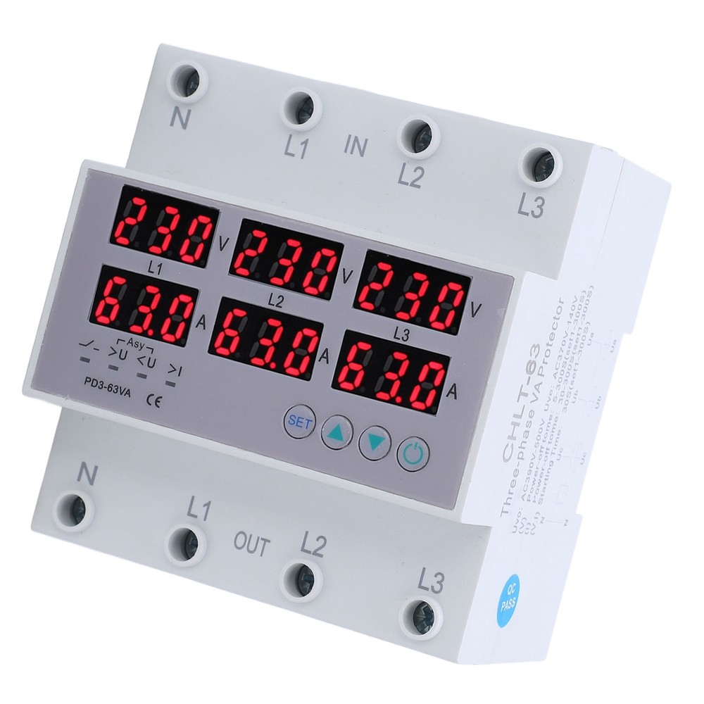 3Phase DIN Rail Voltmeter Ammeter Automatic Overvoltage Overcurrent Protector63A