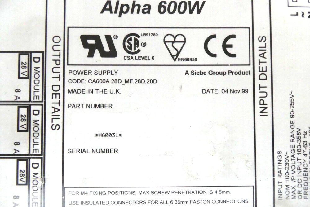 TDK-Lambda H60031 Power Supply Module Alpha 600W Working Spare Surplus