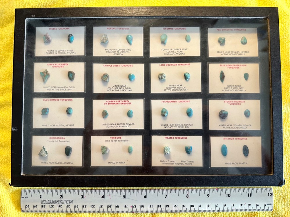 Turquoise display with 16 various examples.