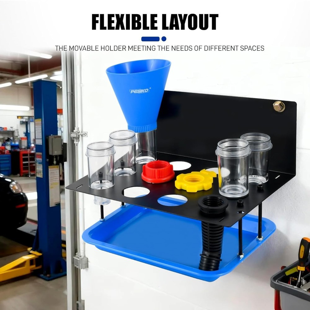 Hands-Free Oil Change Funnel Set - Clear, Durable & Space-Saving Storage Rack