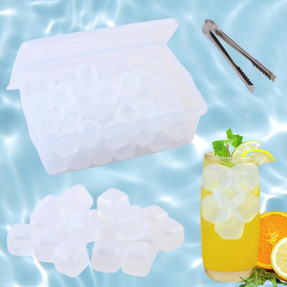 Reusable Ice Cube W/ Lid & Bin 60 Pack Plastic Ice Cubes Drinks BPA Free