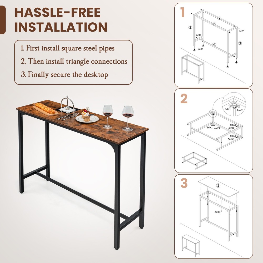 48" Rectangular Bar Table Kitchen Dining Table w/ Steel Frame & Adjustable Feet