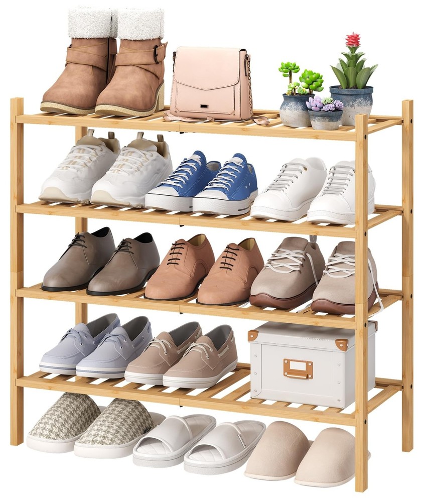 4-Tier Bamboo Shoe Rack for Entryway, Stackable | Foldable | Natural, Shoe Or...