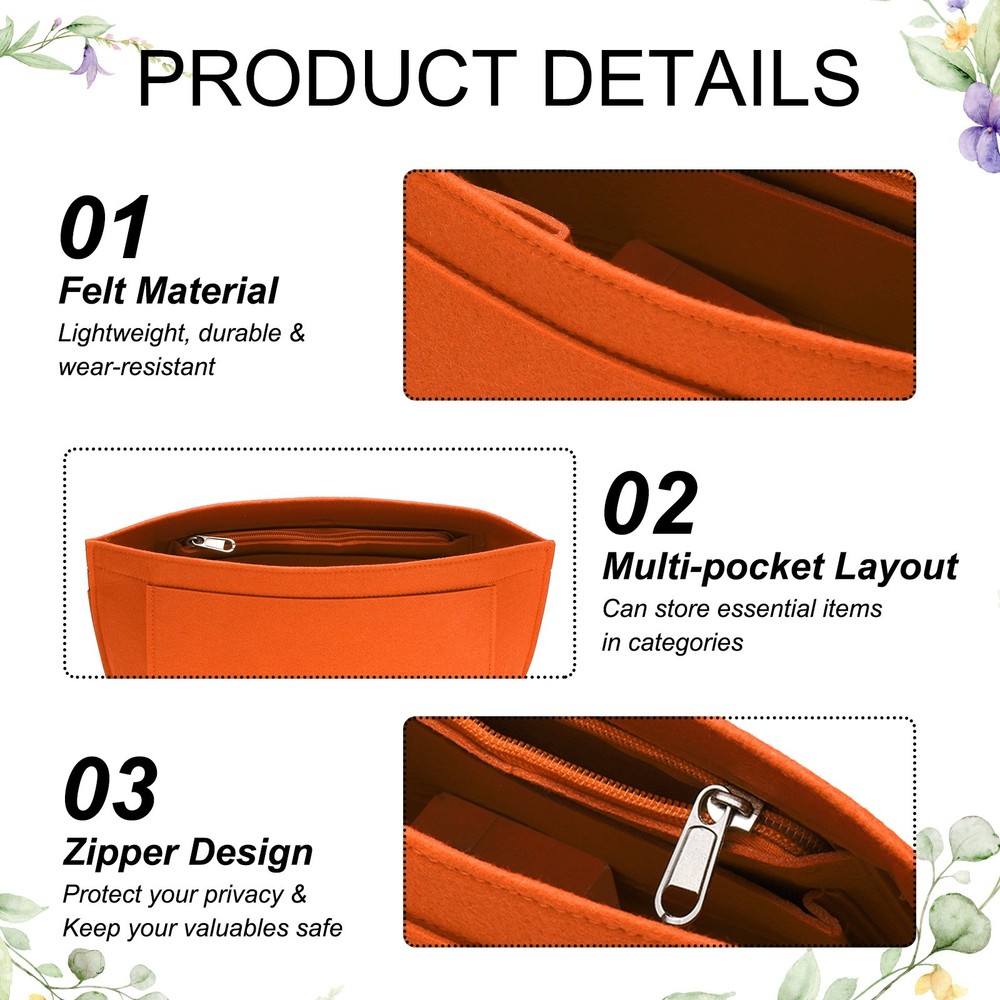 Purse Organizer Insert, Medium Felt Handbag Organizer with Zipper, Orange