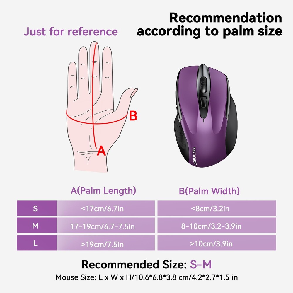 TECKNET Wireless Mouse, 2.4G Ergonomic Optical Computer medium, Purple