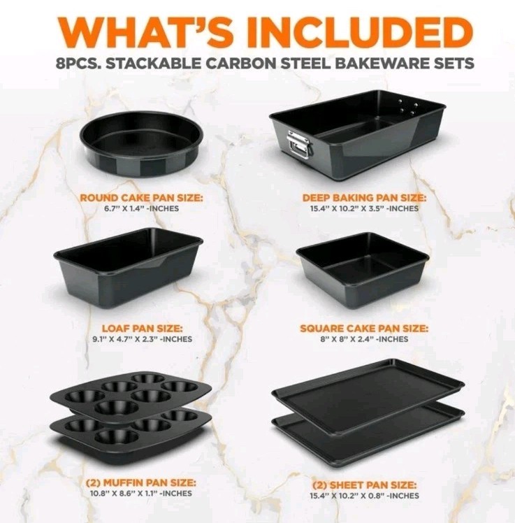 Nutrichef 8 Pc NCBKSTK3 Black Stackable Carbon Steel Bakeware Sets