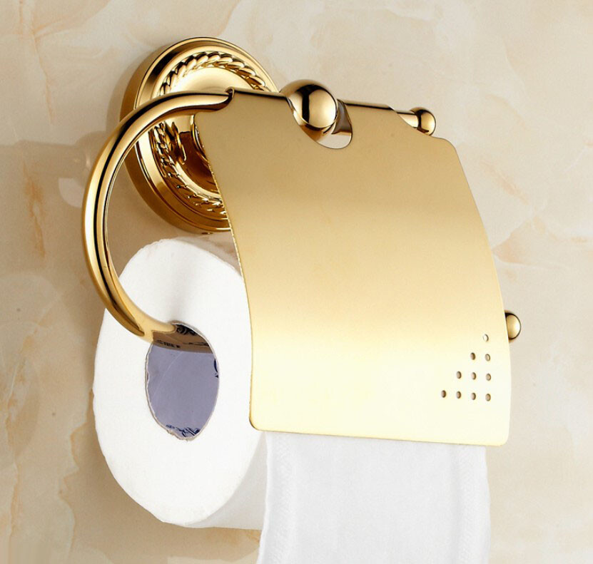 Gold Color Brass Wall Mount Bathroom Waterproof Toilet Paper Roll Holder 2ba604