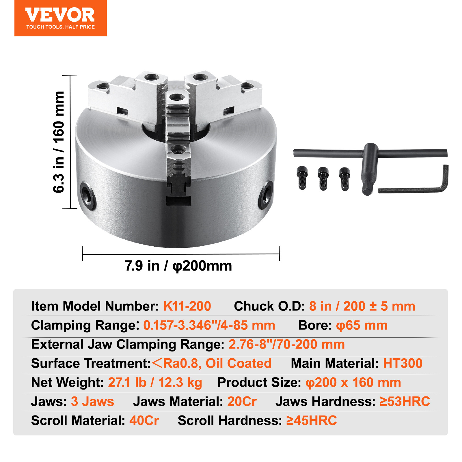 VEVOR 8'' 3-Jaw Lathe Chuck Self-Centering Lathe Chuck for Grinding Drilling