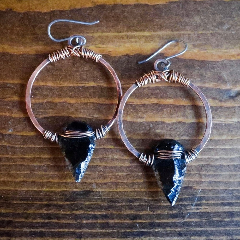 Obsidian Arrowhead Hoop Earrings | Bronze & Copper